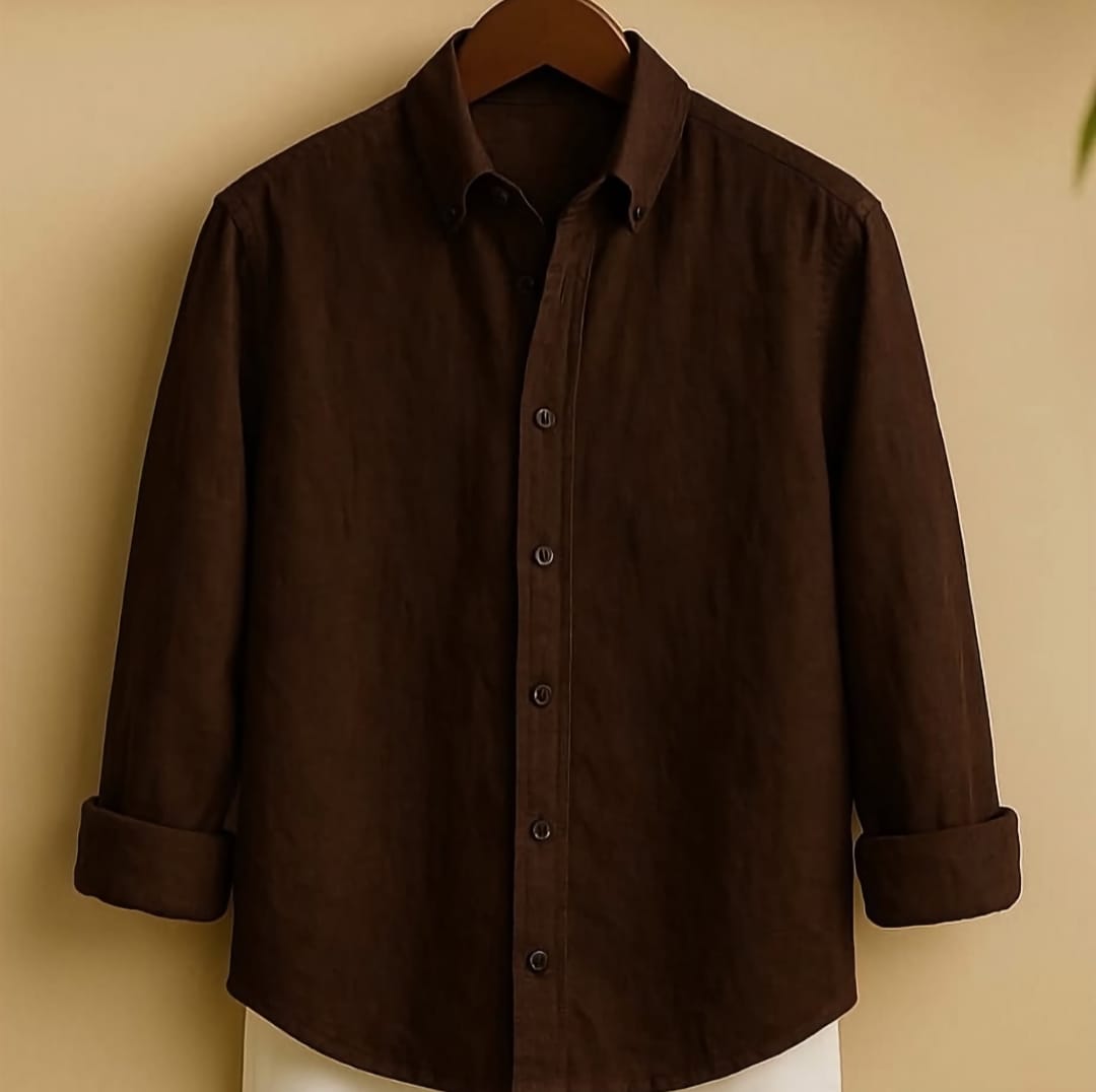 Asethly Deep Chocolate Brown Linen-Blend Long Sleeve Shirt