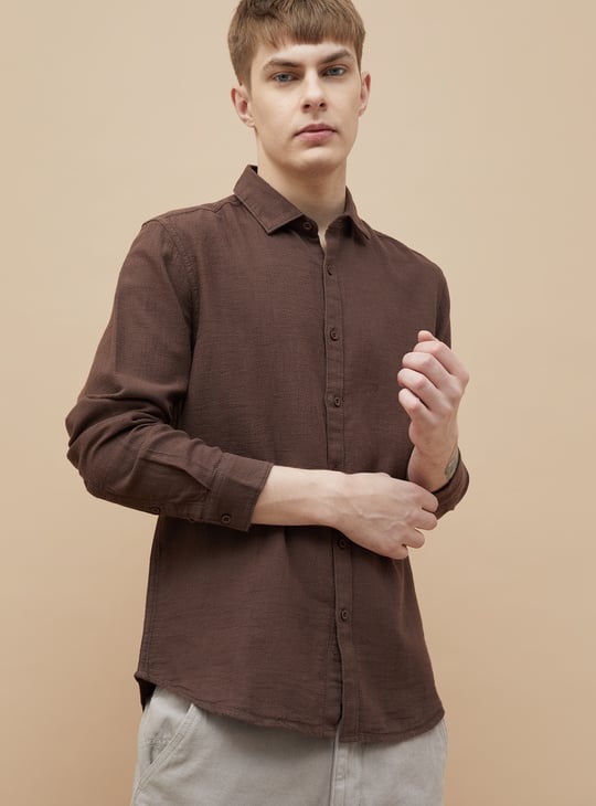 Asethly Deep Chocolate Brown Linen-Blend Long Sleeve Shirt