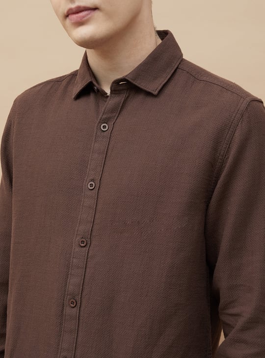 Asethly Deep Chocolate Brown Linen-Blend Long Sleeve Shirt