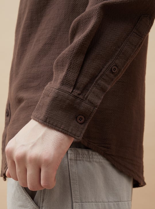 Asethly Deep Chocolate Brown Linen-Blend Long Sleeve Shirt