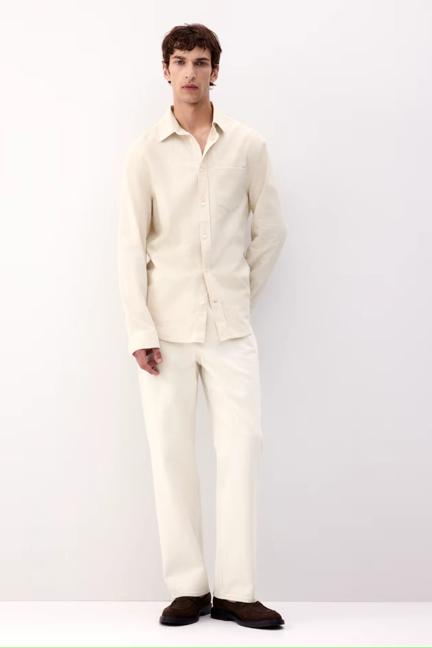 Asethly Classic Off-White Linen-Blend Long Sleeve Shirt