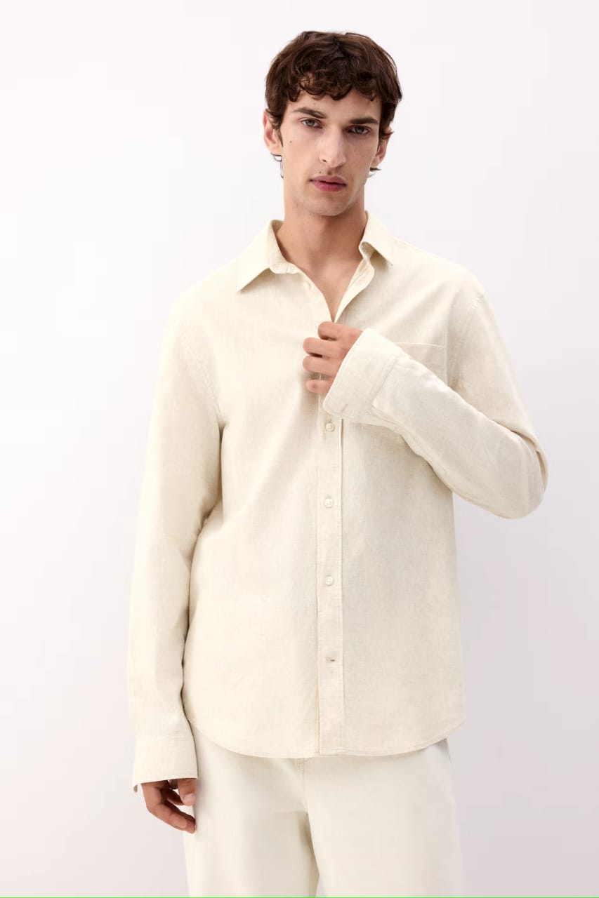 Asethly Classic Off-White Linen-Blend Long Sleeve Shirt