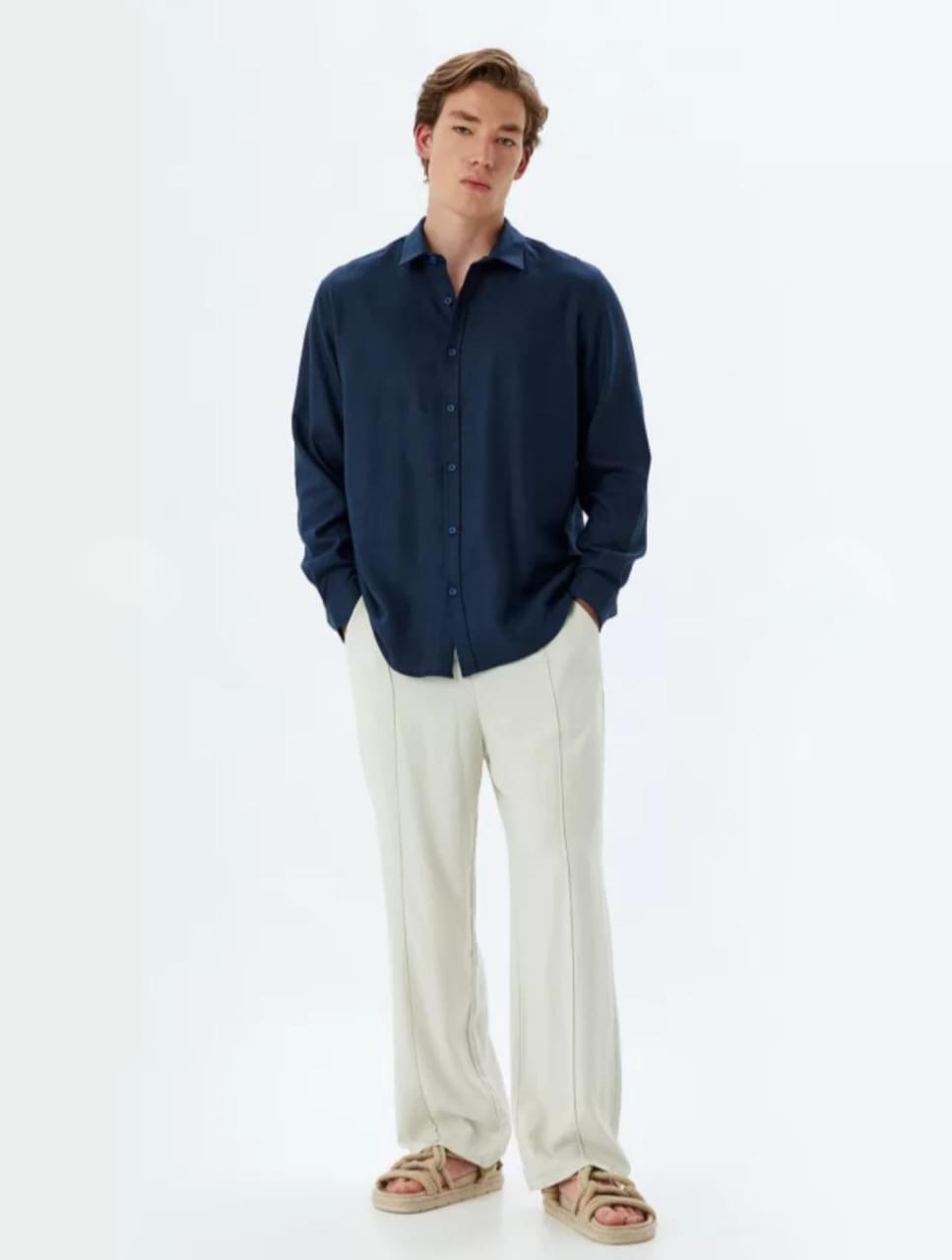 Asethly Midnight Navy Linen-Blend Long Sleeve Shirt