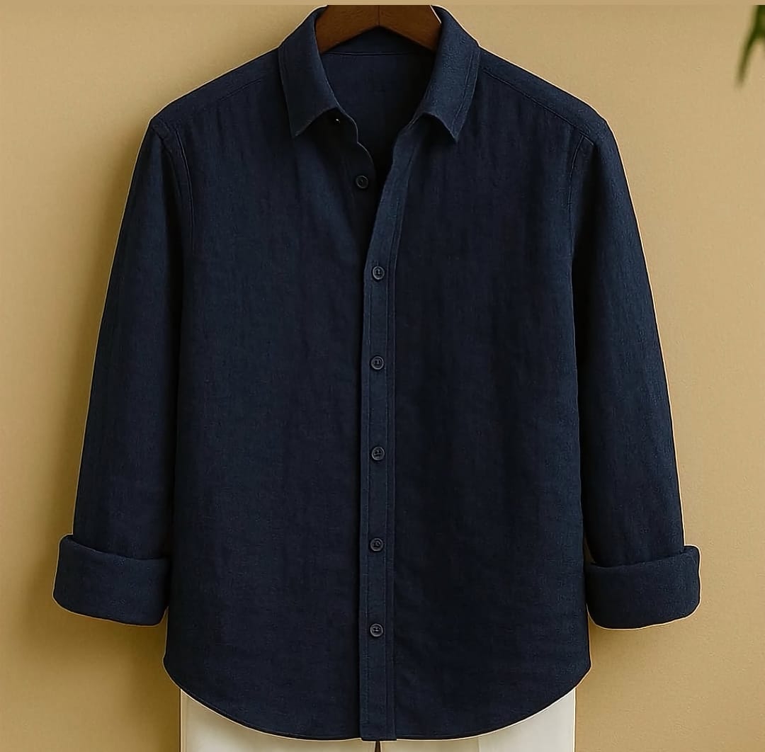 Asethly Midnight Navy Linen-Blend Long Sleeve Shirt