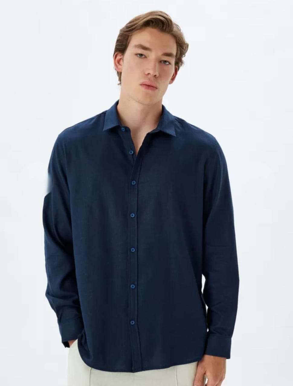 Asethly Midnight Navy Linen-Blend Long Sleeve Shirt