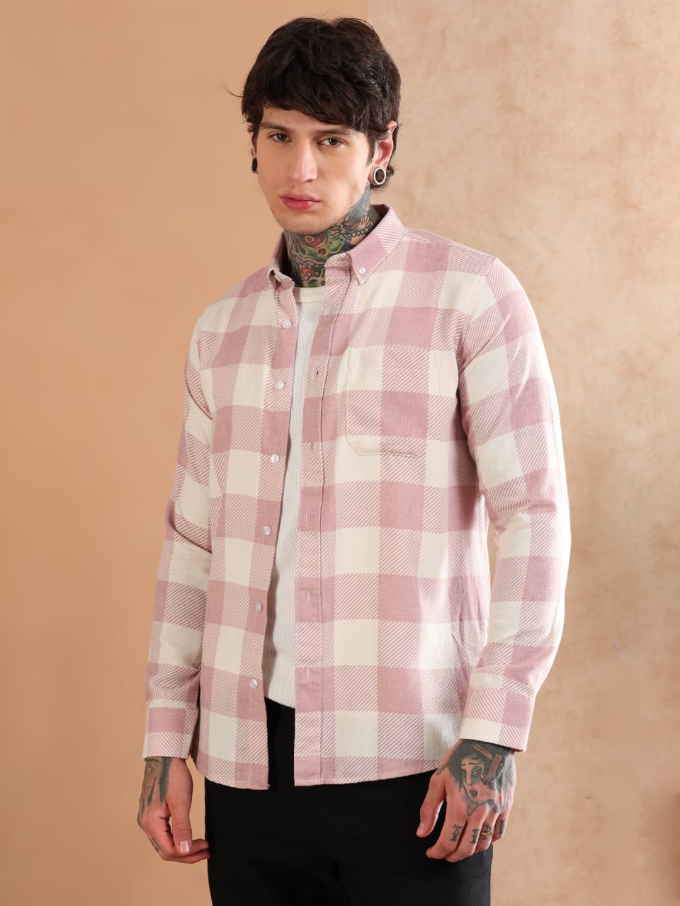 Men's light pink check shirt