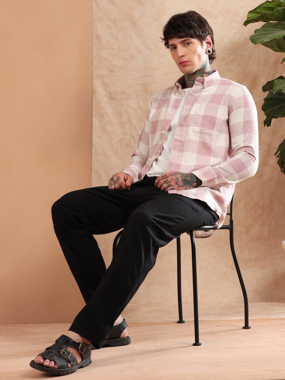 Men's light pink check shirt