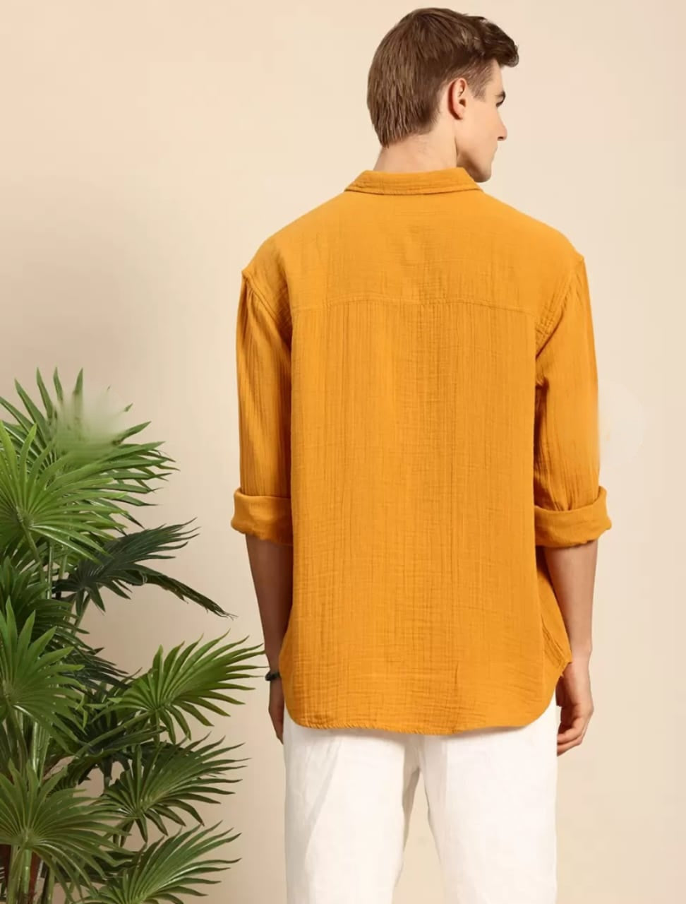 Asethly Mustard Yellow Linen-Blend Long Sleeve Shirt