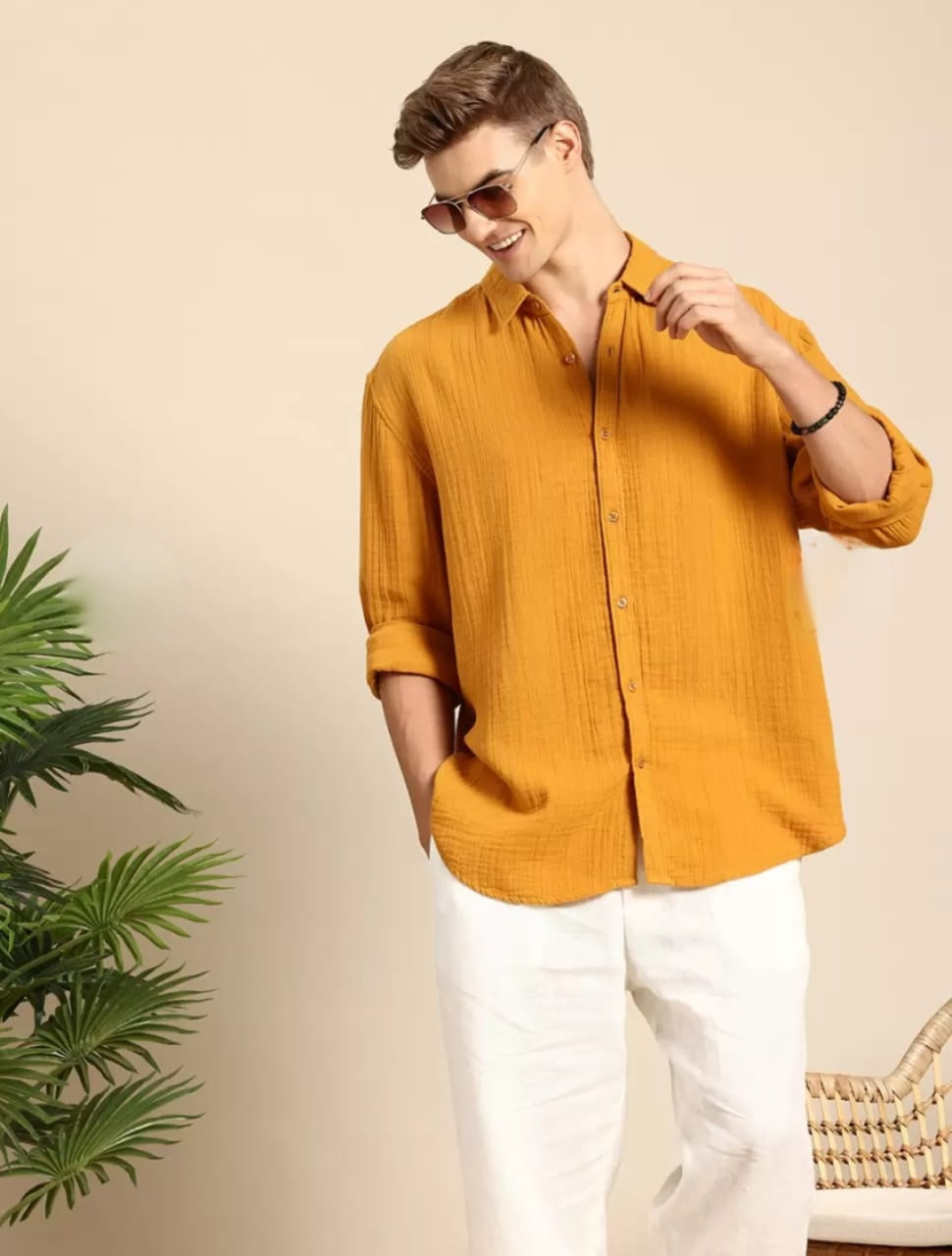 Asethly Mustard Yellow Linen-Blend Long Sleeve Shirt