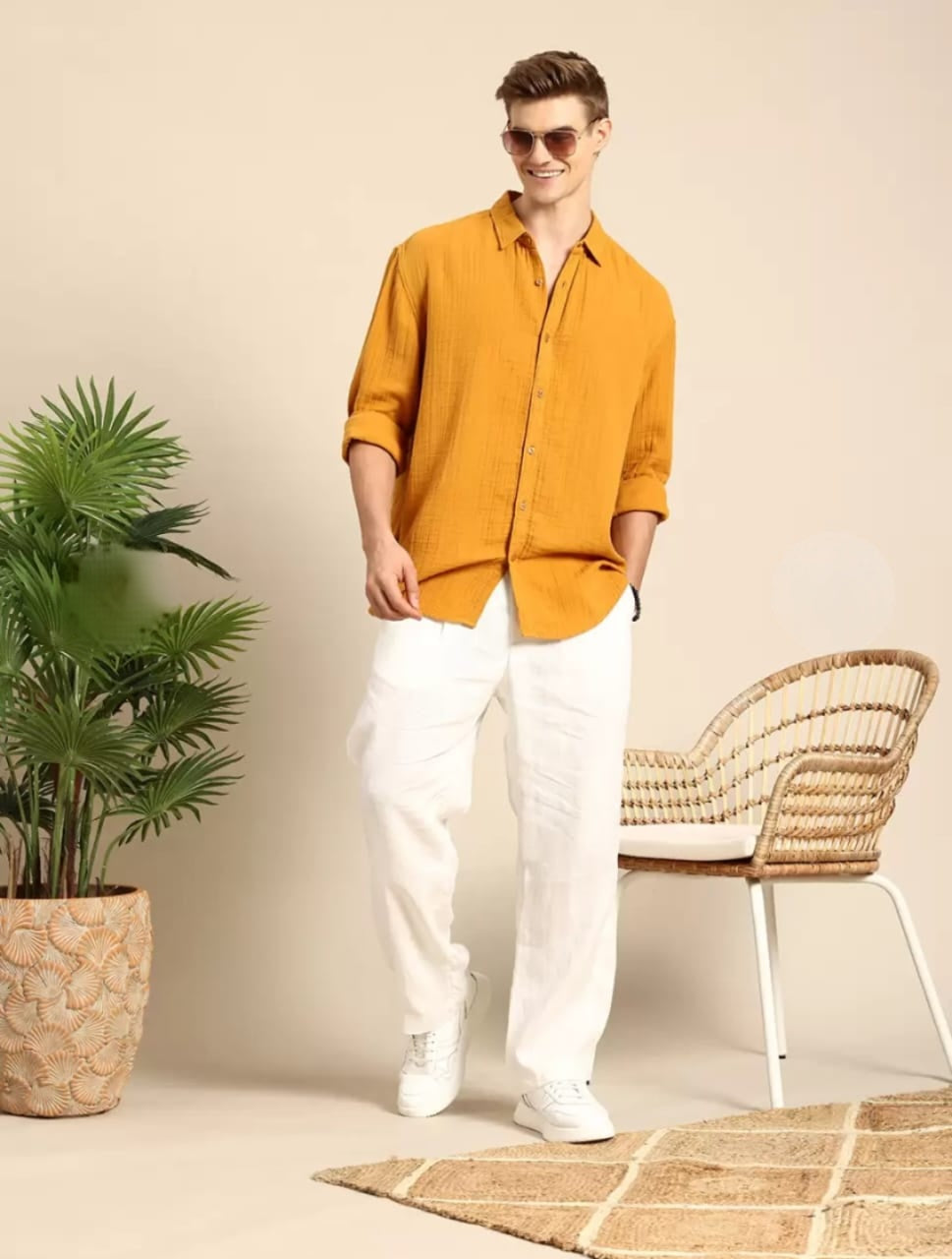 Asethly Mustard Yellow Linen-Blend Long Sleeve Shirt